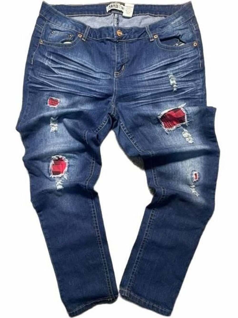 Zanadi Distressed Skinny Jeans with Red Plaid Patches Size 20W